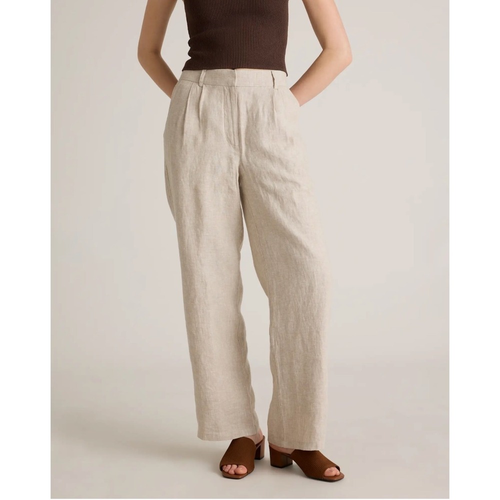 Quince 100% European Linen Pleated Trouser Wide‎ Leg Pants Beige NWT Womens 14